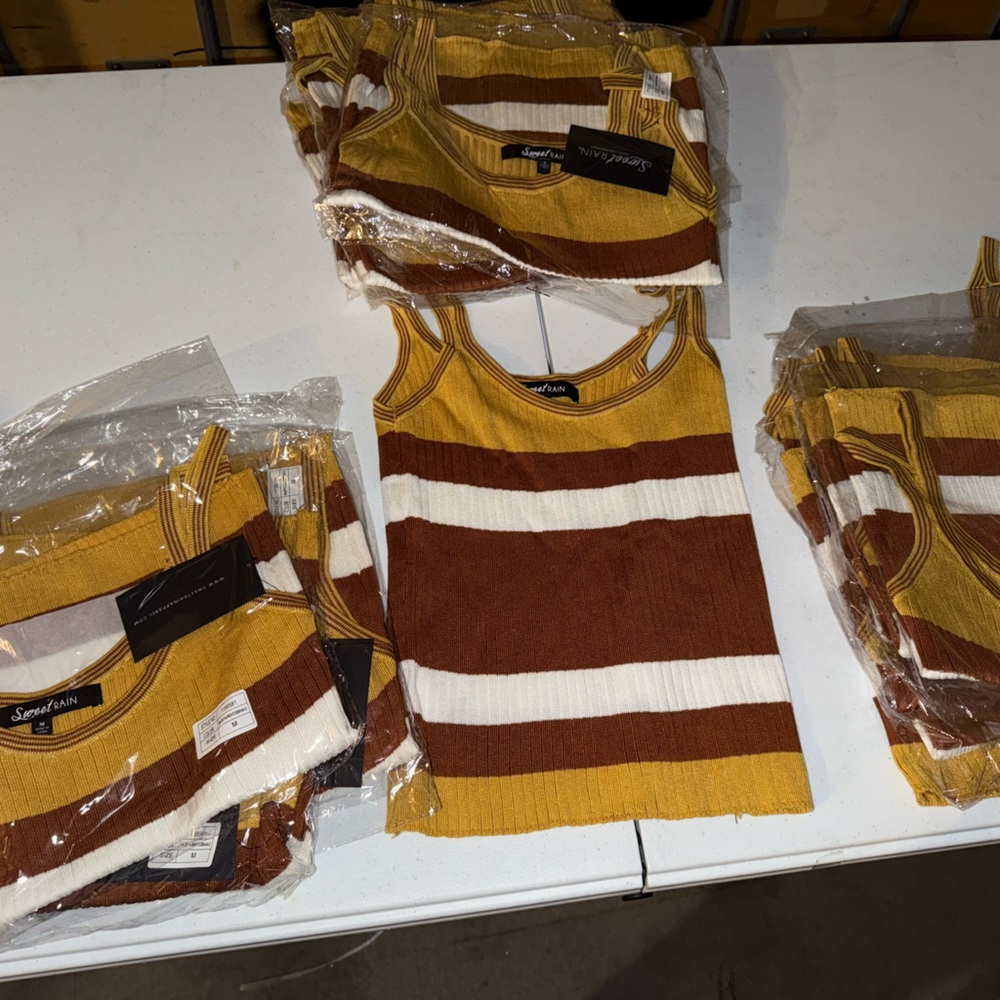 Striped Ribbed Knit Tank Top - Brown, White, Yellow